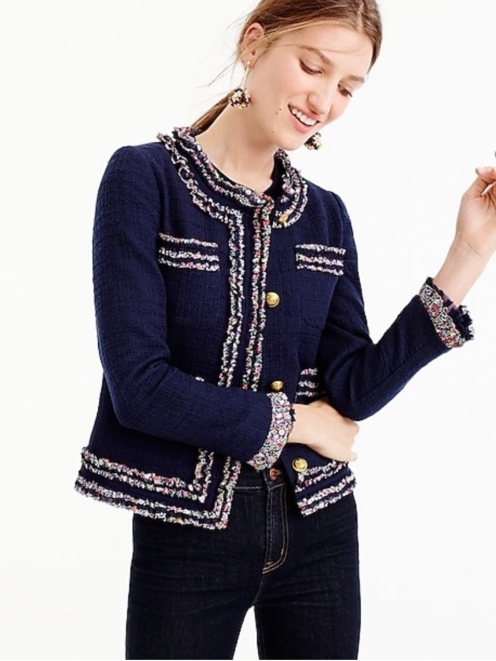 J. Crew Lady Jacket In Navy Blue Tweed Button Down Floral Ruffle Trim Size 12